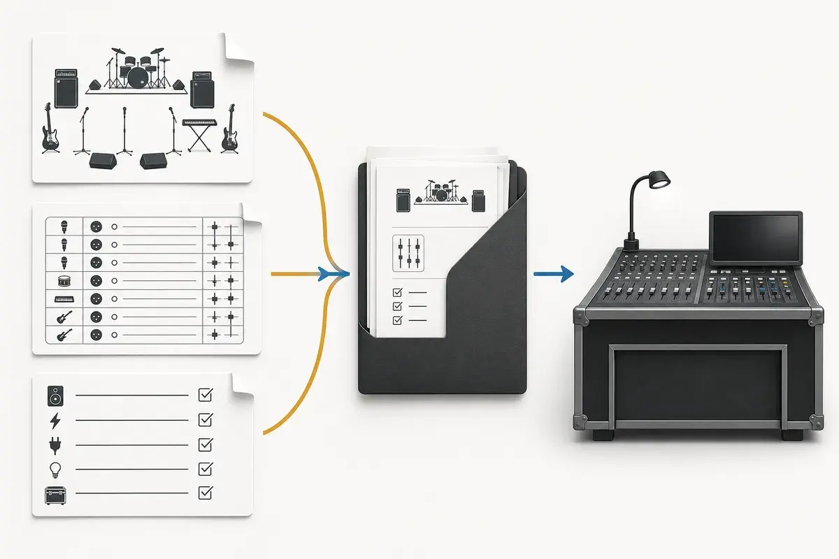 Stage plot, input list, and technical requirements gathered into one organized advance package for an audio engineer