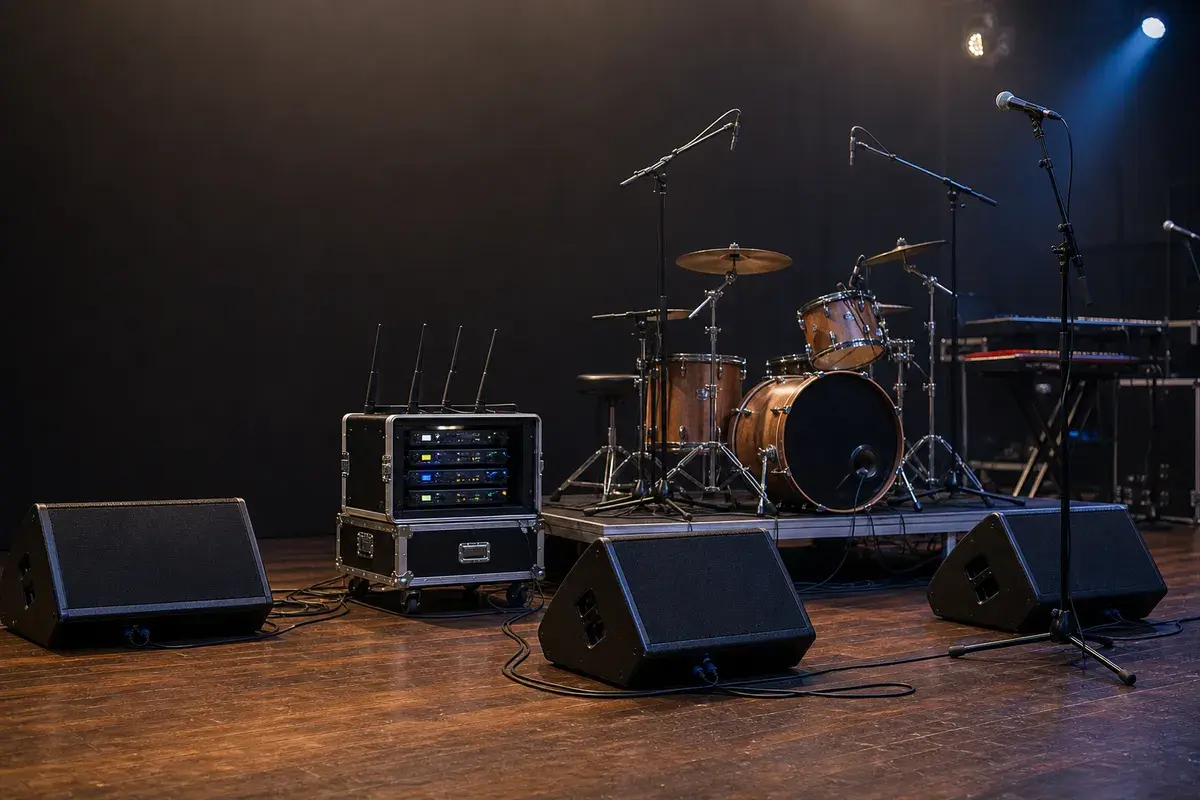 Original live-sound monitor planning scene with floor wedges, an IEM rack, drum riser, microphone stands, and keyboard position