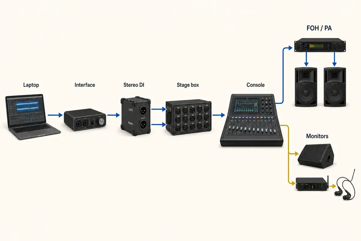 Playback signal-flow diagram: laptop, audio interface, stereo DI, stage box, and console feed separate PA and monitor outputs