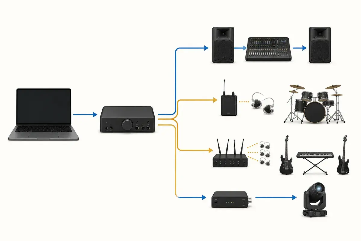 Diagram showing an audio interface delivering separate program, IEM cue, and show-control outputs to live production destinations