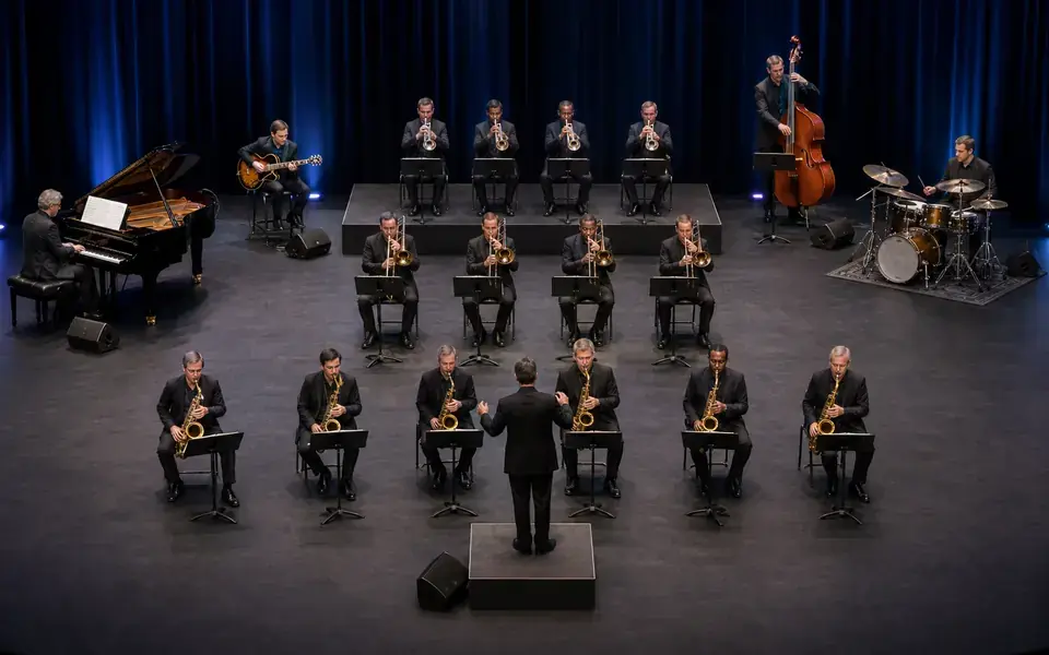 17-Piece Big Band Stage Plot Template with Brass Risers live stage setup preview