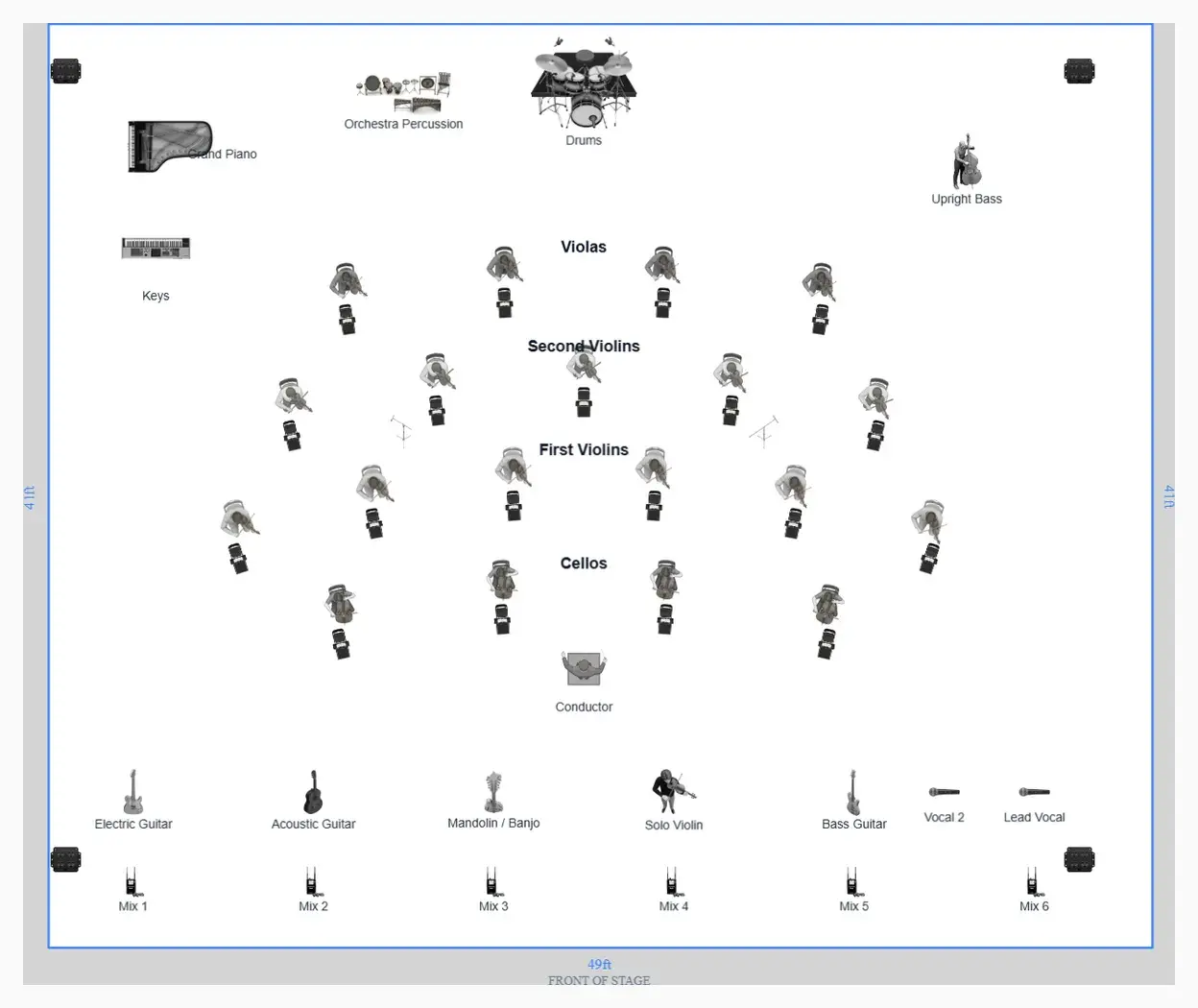 Large band and chamber orchestra stage plot demonstrating width, depth, risers, and performer spacing