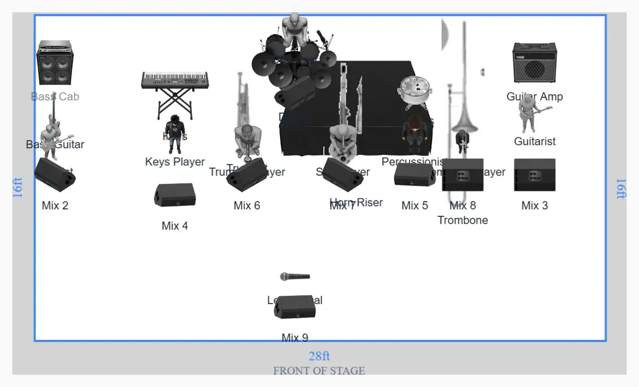 First-party Stageplot Pro festival-sized band template showing multiple performers, horns, backline, microphones, and a clear stage layout