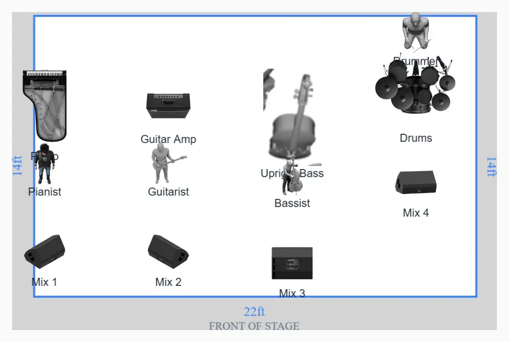 Clean jazz quartet stage plot with clearly separated instruments, microphones, and monitor positions