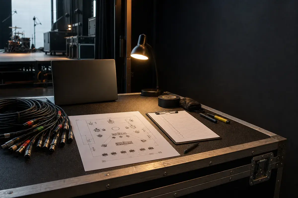 Original backstage production desk with a stage plot, numbered input-list sheet, labelled cable looms, and organised live-show paperwork