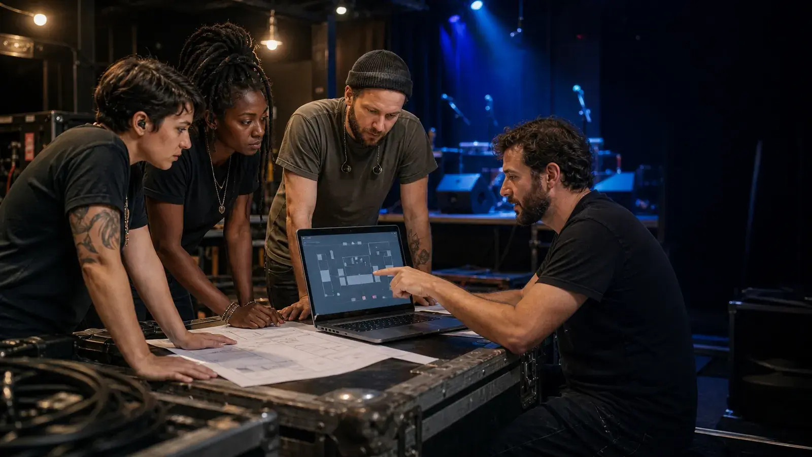 Band and live-sound crew planning a stage setup around a laptop before a show
