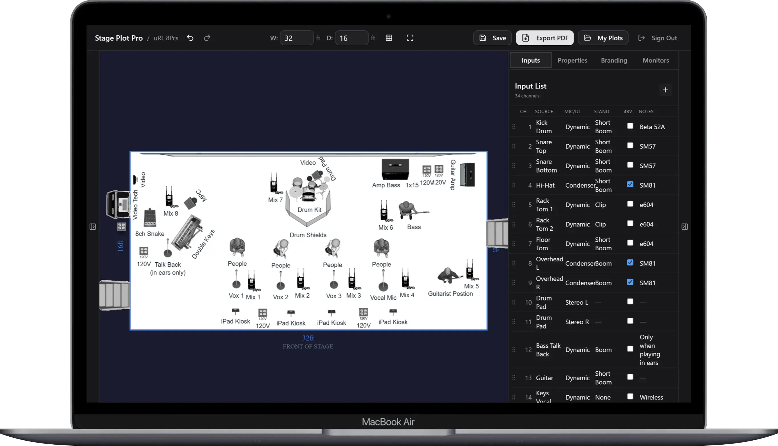 Stage Plot Pro editor showing a complex 34-channel stage plot for an 8-piece band on a 32 by 16 foot stage