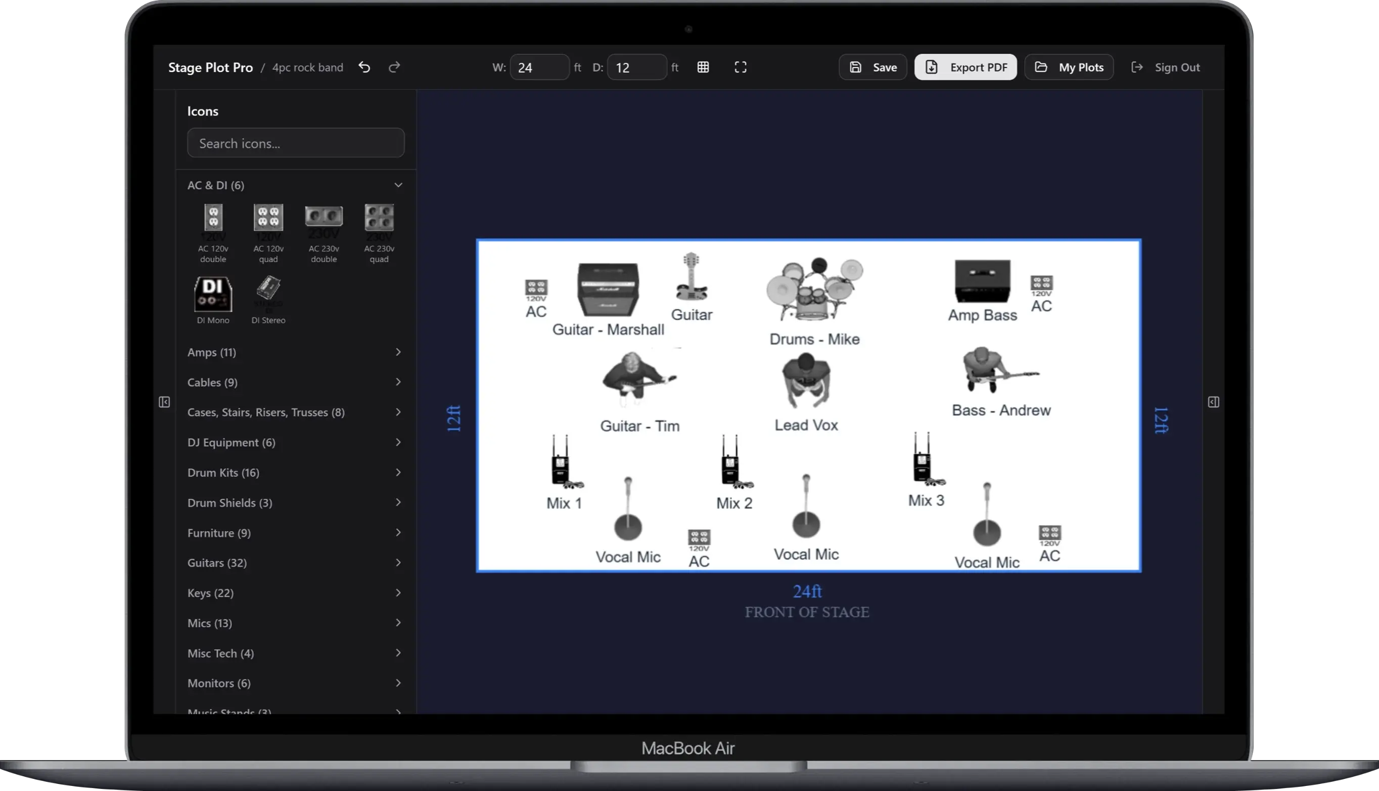 Stage Plot Pro editor showing a full 4-piece rock band stage layout with icon palette