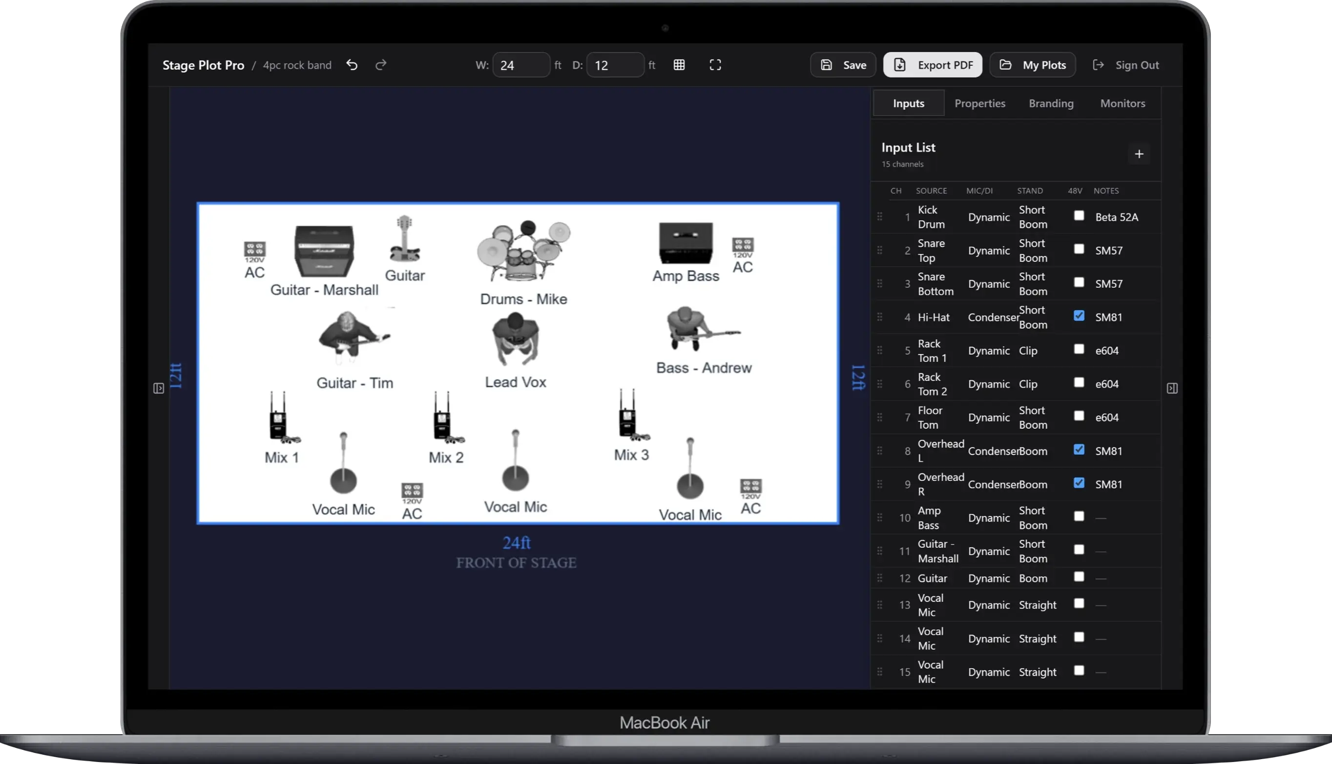 Auto-generated 15-channel input list table synced with the stage layout