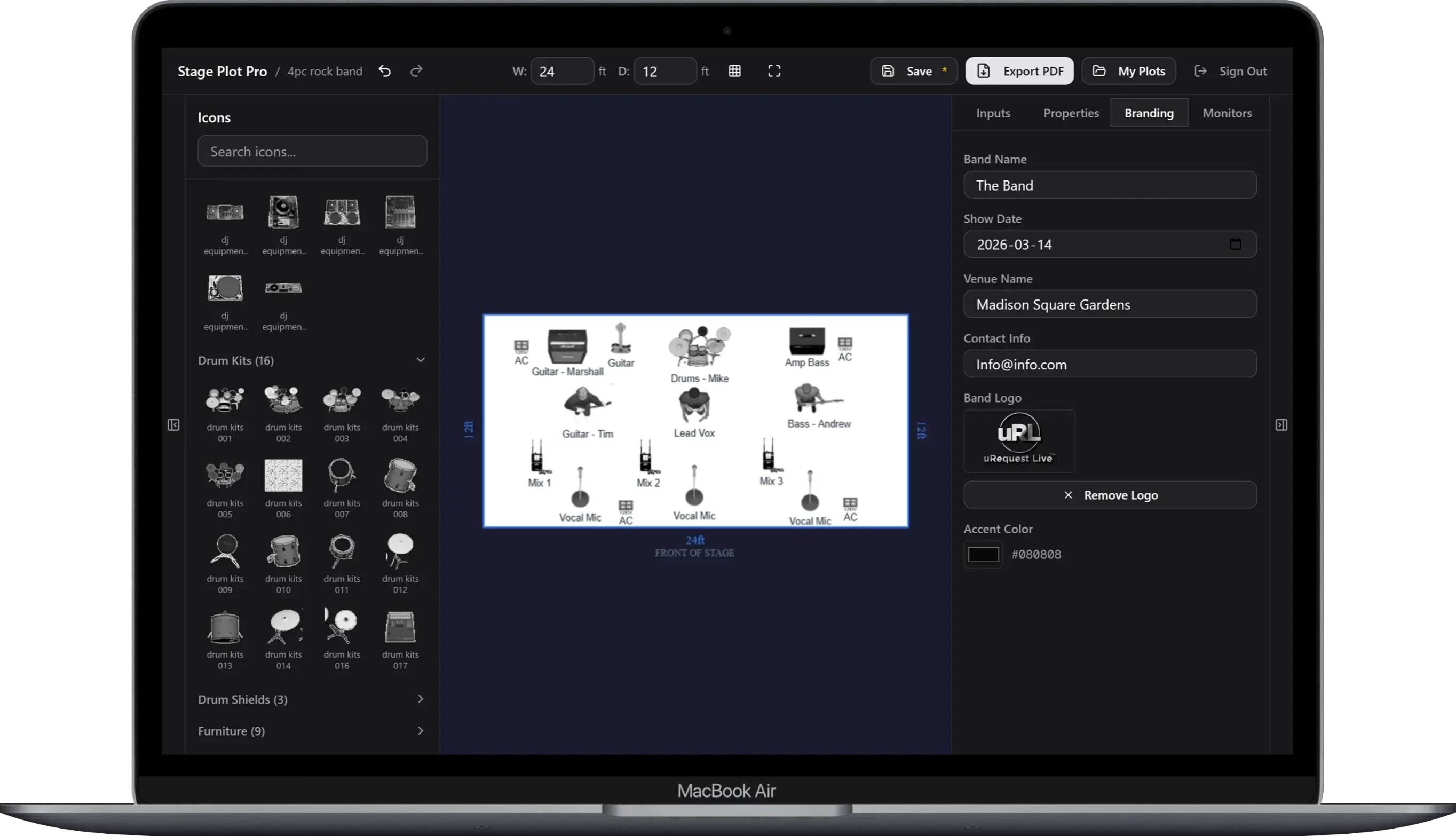 Stage editor with both sidebars open showing drum kit icons and branding options