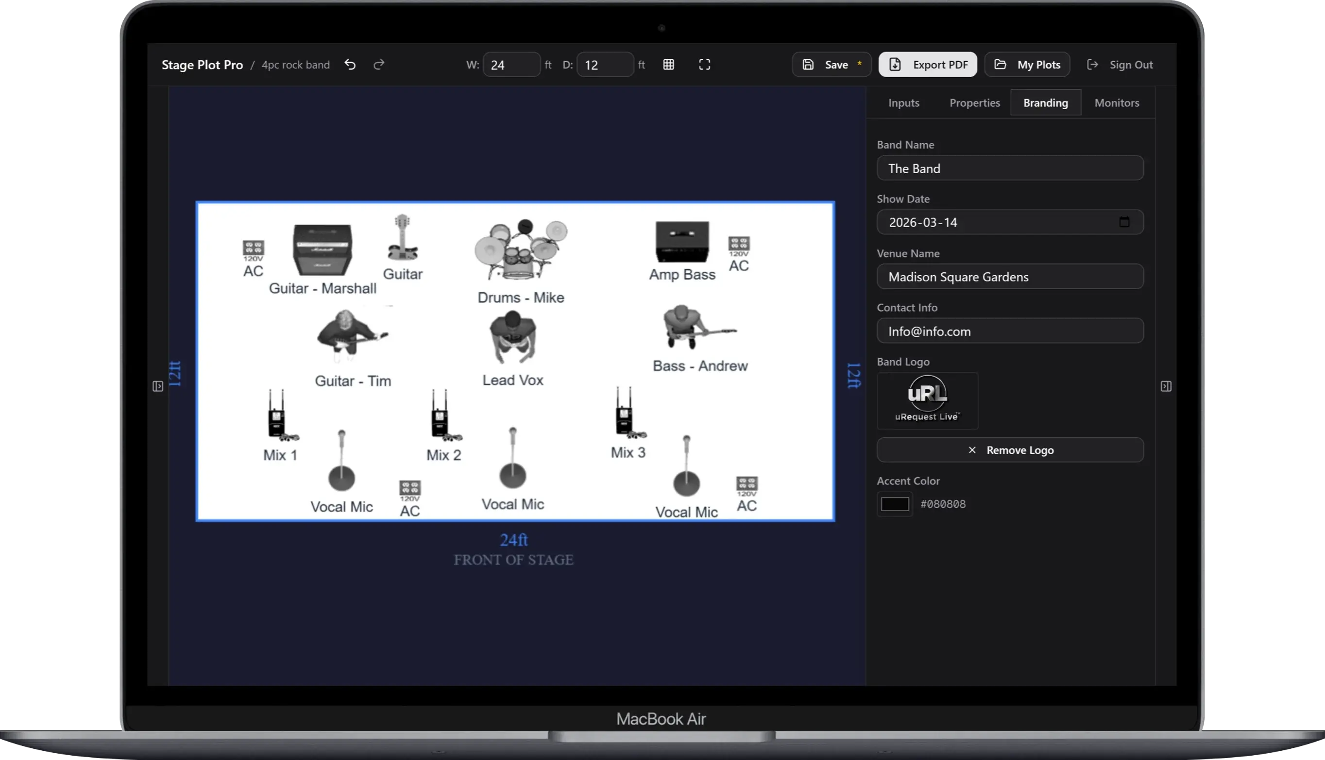 Band branding panel with logo upload, accent color picker, and venue details