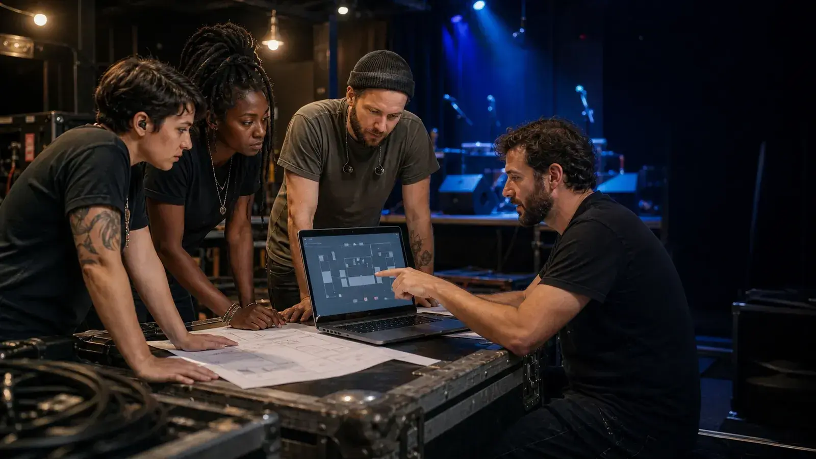 Musicians and a live-sound technician planning a stage setup before a show