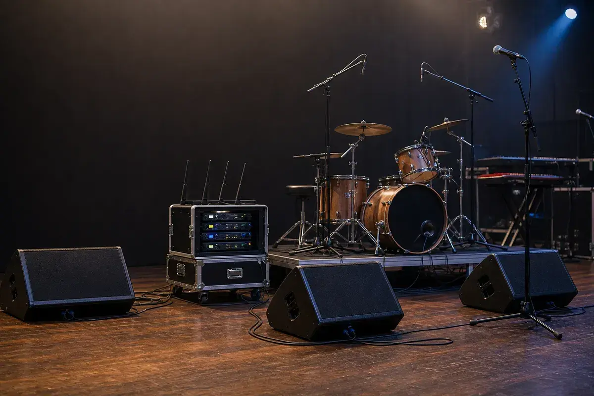 Stage prepared with monitor wedges, an IEM rack, microphones, drums, and keyboards