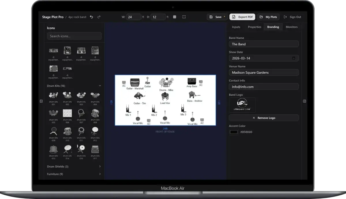 Stageplot Pro monitor-mix view with labeled performer sends