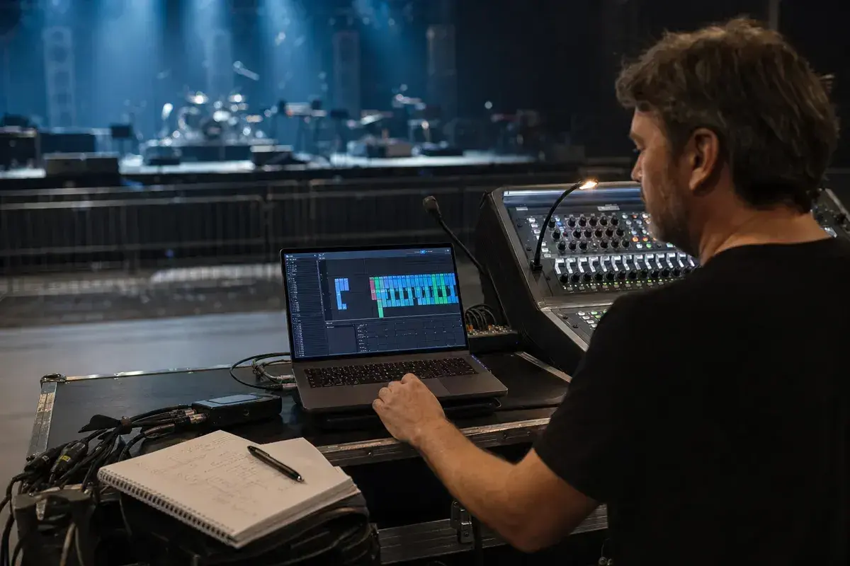 A live-sound engineer reviewing a console file on a laptop beside a digital mixing console