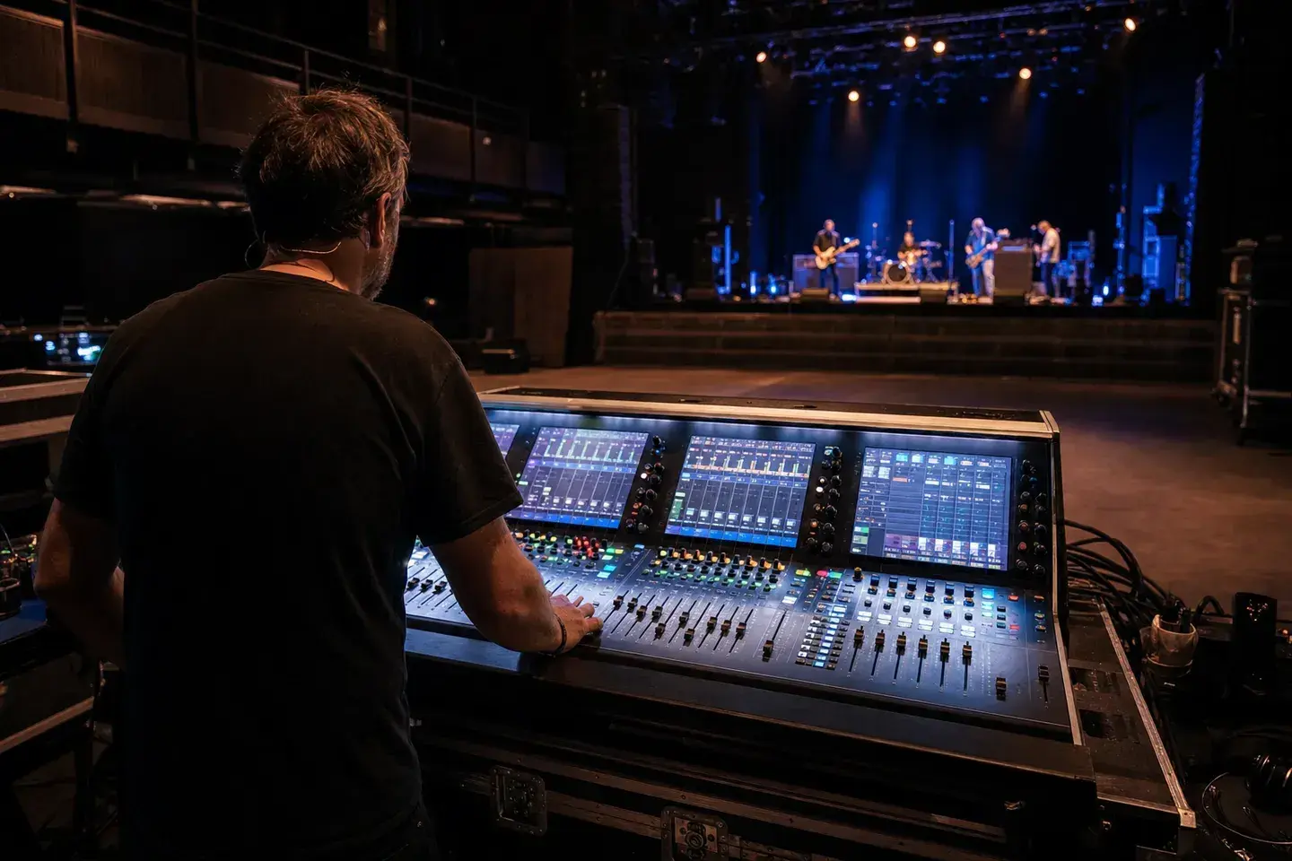Live-sound engineer preparing a digital console before soundcheck