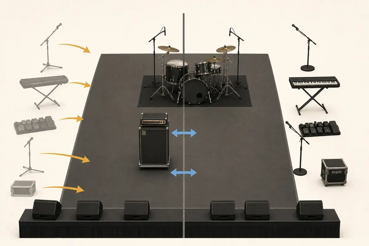 Festival stage diagram distinguishing shared backline from incoming artist equipment