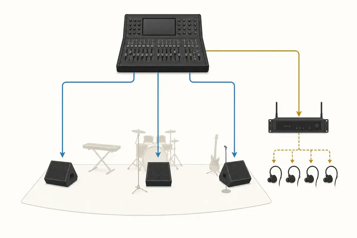 Diagram of independent console sends feeding wedges and an IEM transmitter