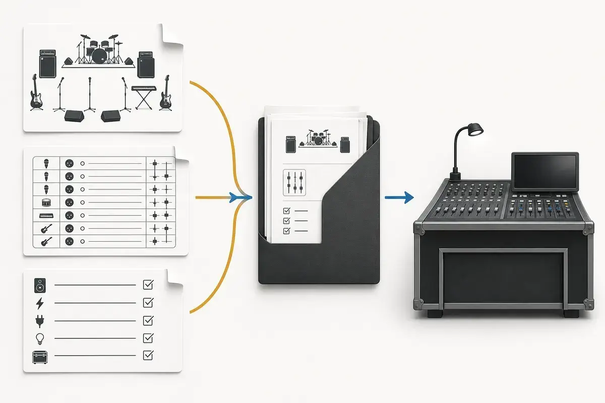 Diagram showing a stage plot, input list, and technical requirements becoming one production advance