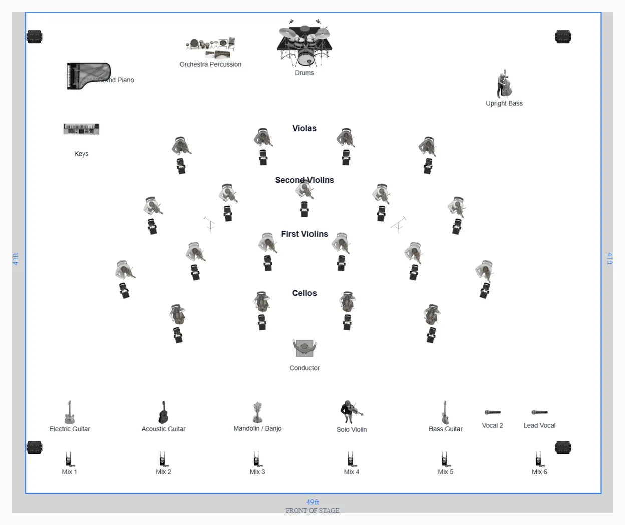 Stage layout preview for Live Band with Chamber Orchestra Stage Plot Template
