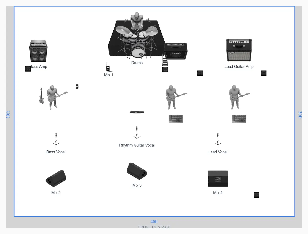 Stage layout preview for Four Piece Power Rock Band Stage Plot Template Guide
