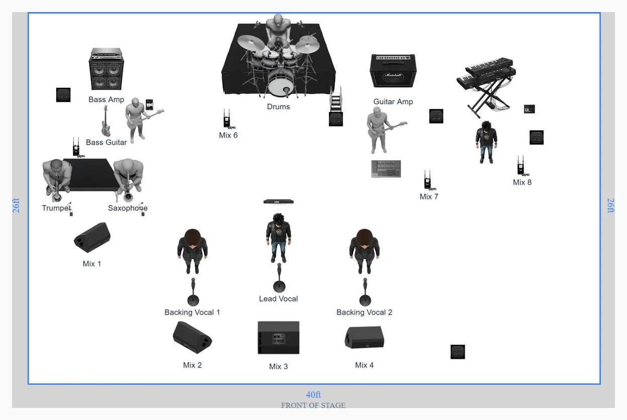 Stage layout preview for Nine Piece Cover Band with Horns Stage Plot Template