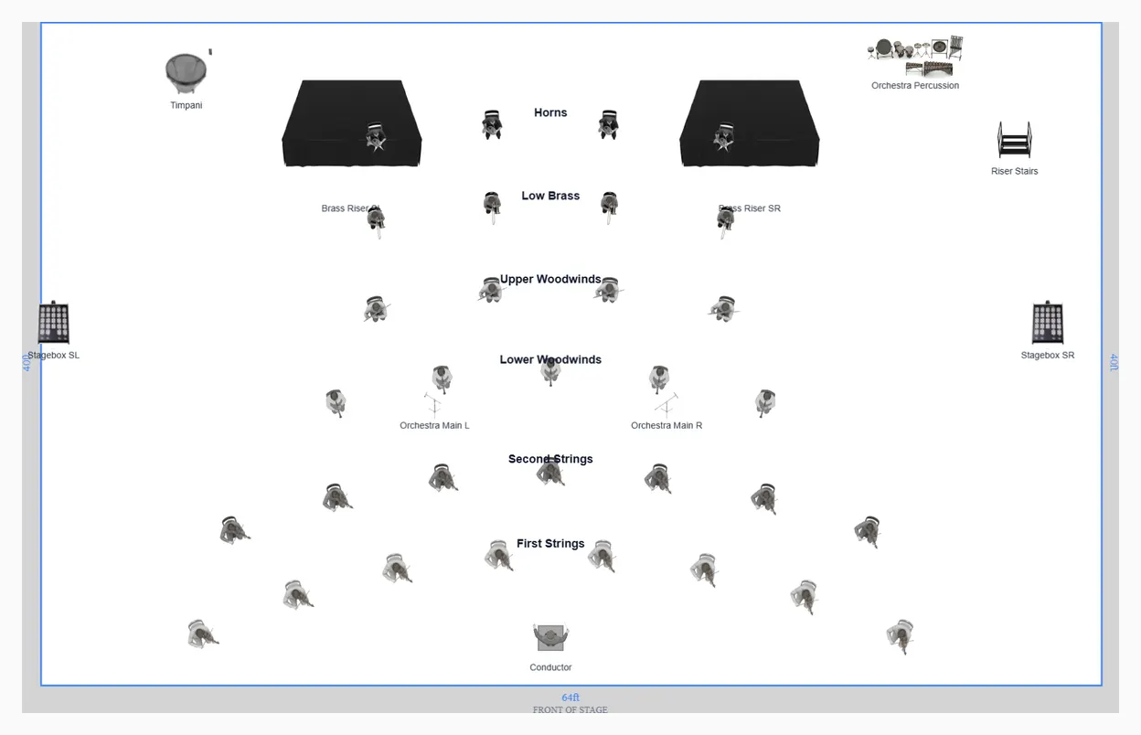Stage layout preview for Symphony Orchestra Stage Plot Template with Sections