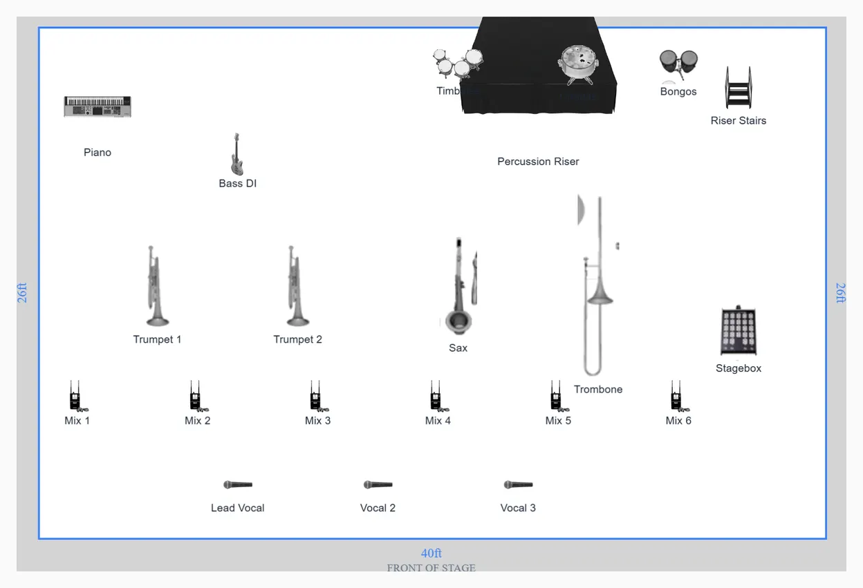 Stage layout preview for Salsa Band 12-Piece Stage Plot Template with Full IEMs