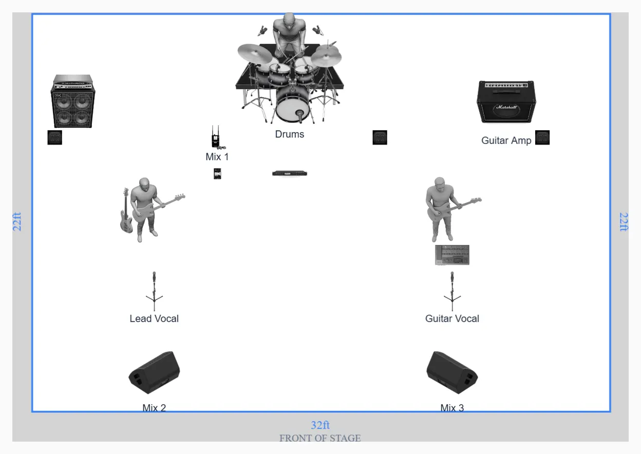Stage layout preview for Three Piece Rock Band Stage Plot with Guitar Bass Drums