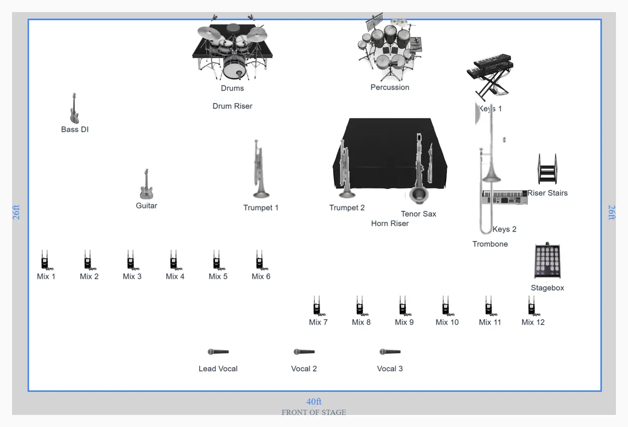 Stage layout preview for 12-Piece Wedding Band Stage Plot Template with IEMs